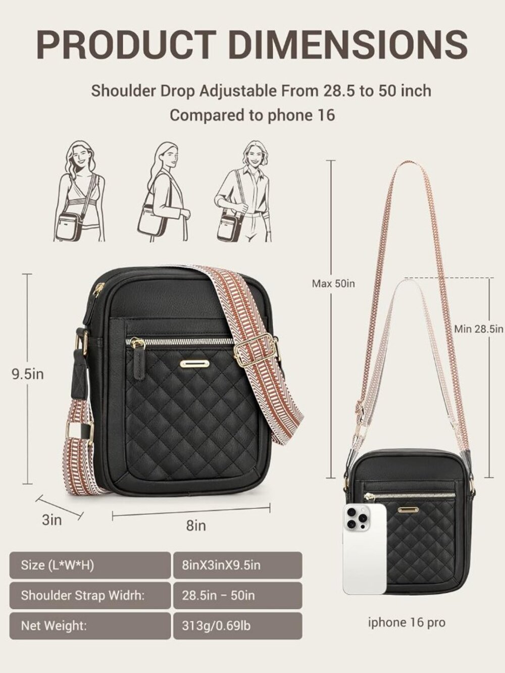 Women's Black Small Shoulder Bags with Adjustable Strap for Travel Workout - Picture 3 of 6